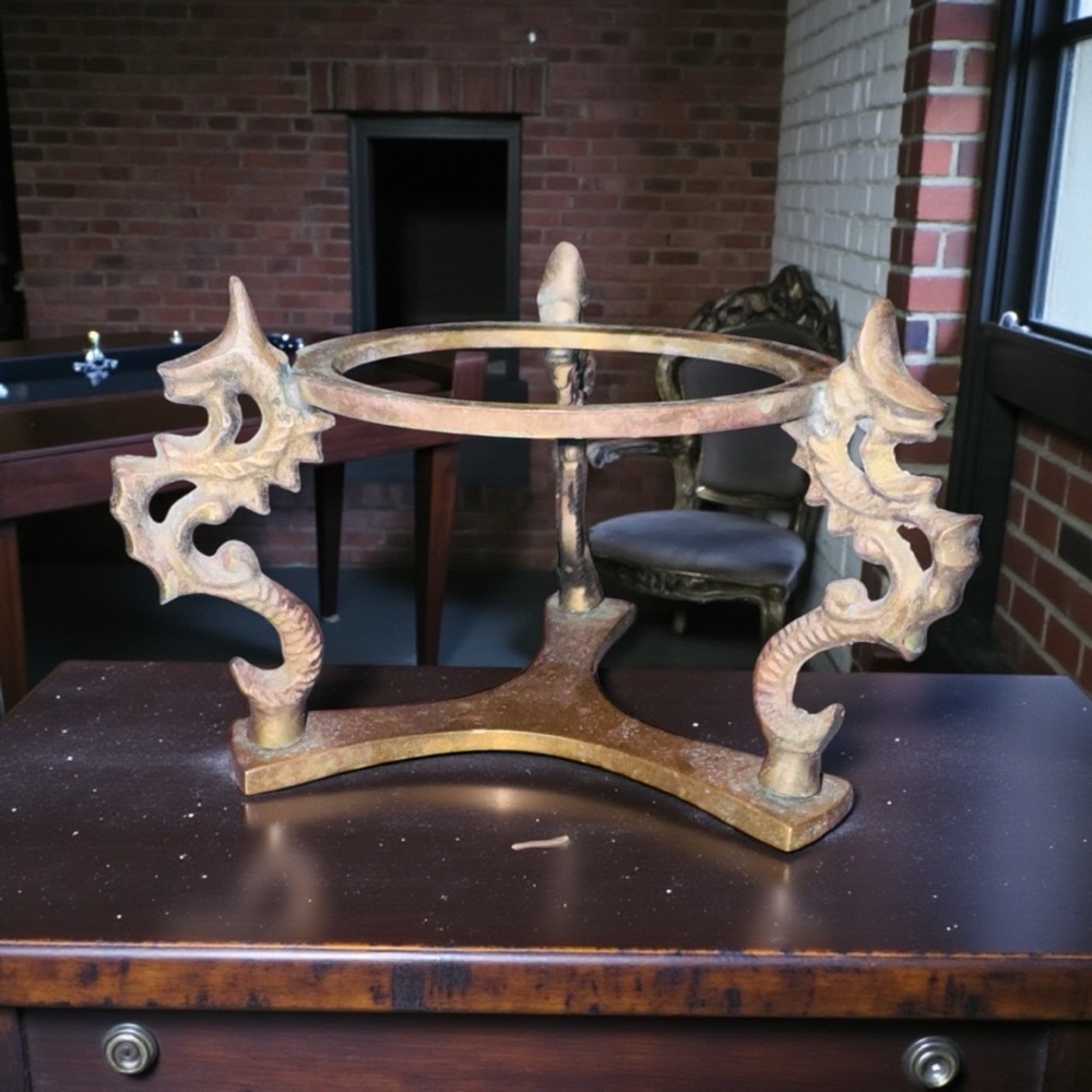 Vintage Chinoiserie Brass Dragon Display Stand Top Opening